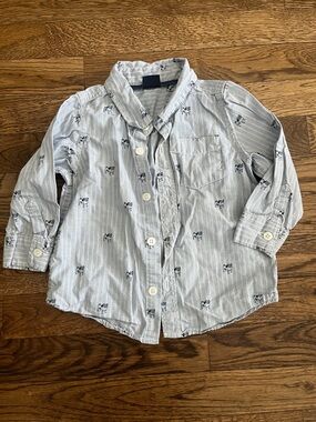 Baby GAP Blue and White Striped Button-Down Shirt with Dog Graphic Print